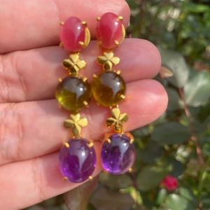 New Cabochon Amethyst & Toumaline Drop Earrings in 18k Solid Gold⭐️Heavy⭐️